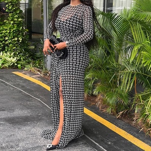 Vestido Elegante con Abertura, Detalles Transparentes, Cintura Ajustada, Cuello Alto Estampado y Mangas Largas - Product Image 4