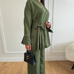 Loriya kadın moda iki parçalı Set ile korse Kimono bluz elastik bel İpli pantolon kadınlar mütevazı Abaya seti - Product Image 5