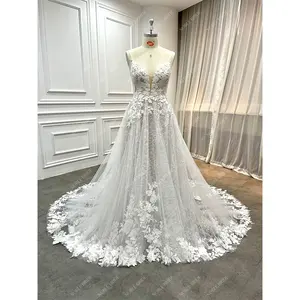 Supplier New Boho Sequin Leaf Lace Plunge V Modest Beach Wedding Dresses Elegant Women Aline Backless Sparkly Bridal Gown