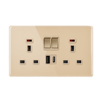 Interruptor de Corriente de Pared de 13A con 2 Puertos USB, Panel de Enchufe de Vidrio Dorado de Alta Calidad, Enchufe Doble de Tres Orificios