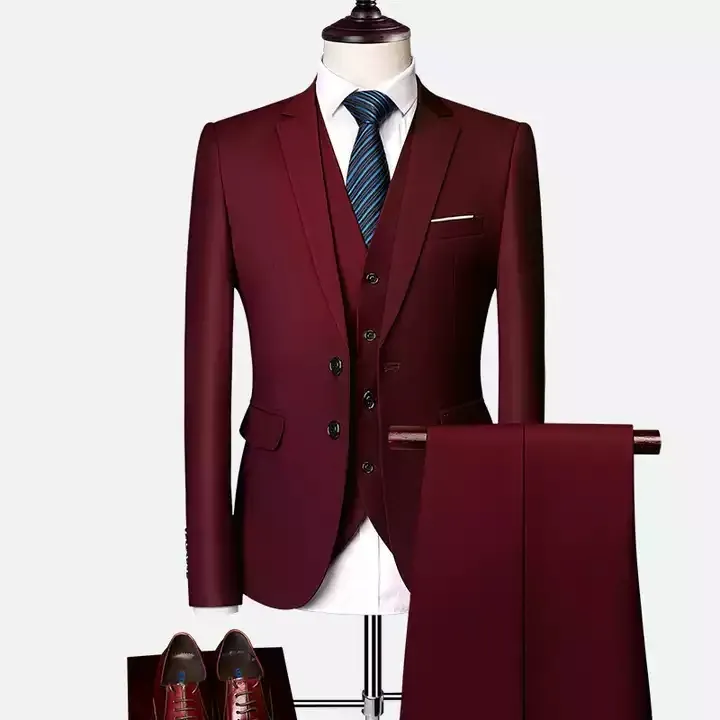 Costume de mariage 3 pièces pour hommes, costume de bureau slim de couleur unie, grande taille, blazer + pantalon + gilet pour hommes