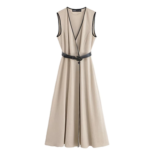 2025 nouveau design élégant décontracté pour femmes avec style européen et américain, ceinture, robe sans manches flûte en lin - Product Image 1