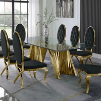 Ensemble de table à manger moderne Fanaosi, 8 chaises, plateau en marbre, pieds en acier inoxydable doré, assemblé, durable, pour la maison, l'hôtel, le restaurant, la cuisine