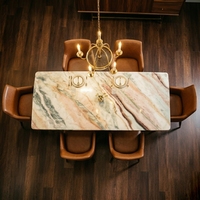 Table à manger portable 6 places en marbre onyx coloré, design moderne et vibrant, avec plateau rond et pieds inclinés, pour la maison et les halls d'hôtels de luxe