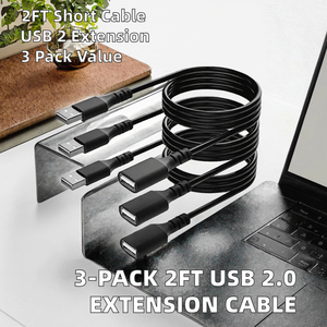 Lot de 3 câbles d'extension 3.0 de 0,2 m en PVC avec gaine en nylon, adaptateur mâle/femelle pour imprimante, clé <span class=keywords><strong>USB</strong></span>, disque dur, ordinateur <span class=keywords><strong>portable</strong></span> - Noir - Product Image 2