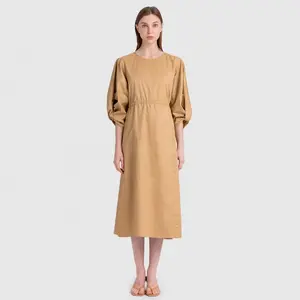 맞춤형 하이 엔드 디자이너 브랜드 여성 의류 여름 3/4 퍼프 슬리브 카키 느슨한 긴 캐주얼 드레스