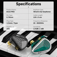Écouteurs intra-auriculaires professionnels KZ AS16 PRO Studio Monitor, filaires, haute sensibilité 114dB 18Ω, avec connecteur Type C 3,5 mm