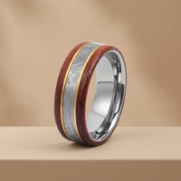 Tizti Herren Edelstahlring mit Echtem Meteorit & Bubinga-Holzeinlage Goldene Rille Ehering Komfortabler Sitz Männerschmuck