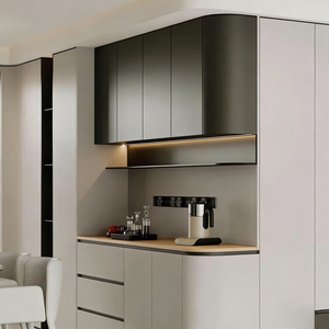 Armoire de rangement pour ustensiles de salle à manger en bois massif en forme de L personnalisée avec étagères ouvertes et grands tiroirs Design moderne - Product Image 3