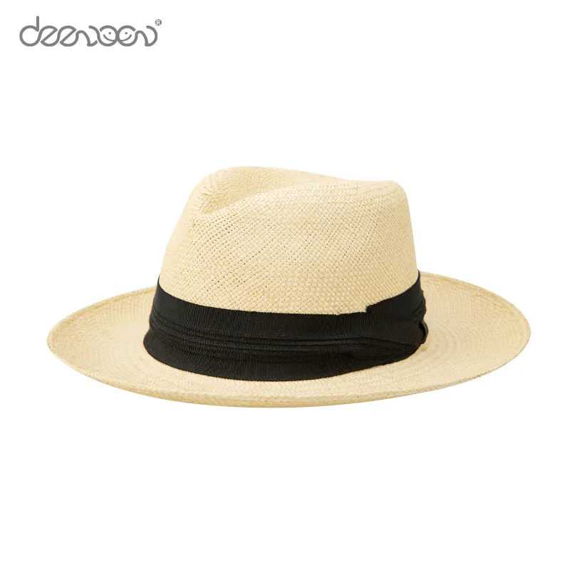 Linglong Custom Logo Wholesale Luxury Brown Sun Men Unisex Wide Brim Panama Hat With Black Ribbon Fedora Toquilla Straw Hats