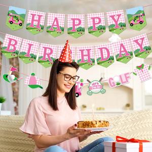 Pancarta de decoración de cumpleaños deportiva con temática de golf Rosa Pancarta de fiesta desechable y arreglo floral - Product Image 3