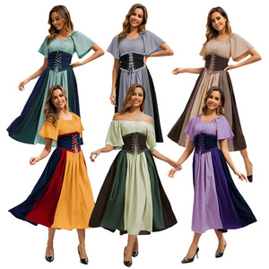 European Medieval Retro Color Blocked Patchwork <b>Dress</b> With Belted Waist Full Skirt A Line Chiffon Club <b>Dress</b> Sizes S 3XL - Product Image 1