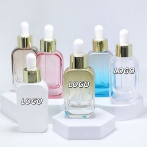 Botella de Vidrio Cuadrada al por Mayor para Suero de Aceites Esenciales con Gotero Blanco de 30ml, Botella de Perfume Cosmético con Serigrafía - Product Image 1