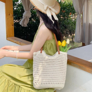 Sac en coton tissé à grande capacité à bandoulière unique, sac fourre-tout en maille ajourée tendance, nouveau sac fourre-tout en crochet pour la plage - Product Image 6