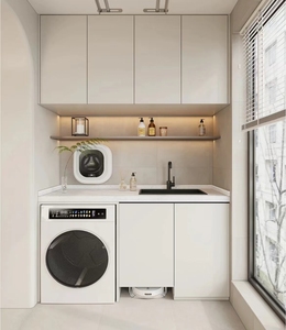 Cocina moderna Balcón Lavadora Almacenamiento integrado Caja de madera maciza Laca Panel de puerta de acrílico Fregadero Grifo contra salpicaduras - Product Image 4