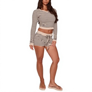 Custom OEM Logo 100% Cotton Ribbed 240 GSM Luxury Women's 2 Pieces Lounge <b>Set</b> Long Sleeve Stripe V-Neck T-Shirt & <b>Sexy</b> Hot Pant - Product Image 6