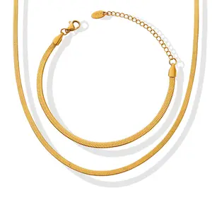 Fashion 2023 361l Stainless Steel Jewelry 18K Gold Plated Dainty Herringbone Flat Snake Chain Choker Necklace Bracelet Set