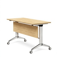 Table de formation mobile dédiée avec plateau en grain de bois clair, cadre blanc, roulettes, pliable et emboîtable pour réunions, formations et bureaux