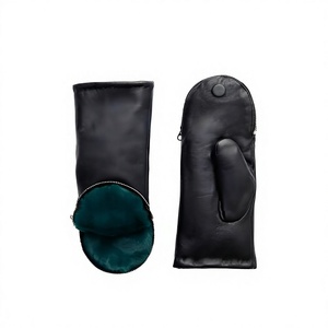 Black Leather Opera-Length Mittens <b>With</b> Pink Faux <b>Fur</b> Cuff Thermal Winter <b>Gloves</b> Casual Style - Product Image 2