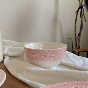 Service de vaisselle jetable écologique en porcelaine sous glaçure rose rétro français, robuste, assiettes à salade, assiettes à pâtes, bols à fruits, plats à dessert - Product Image 6