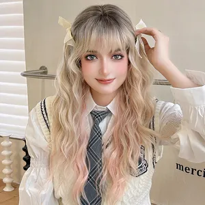 Factory Wholesale Price Ombre Blonde Pink With Bangs Long Curly Wigs For Women Cosplay Anime And Party New Arrival 2023