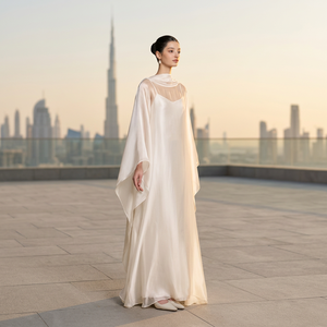 Elegant Floor Length Silk <b>Abaya</b> With High Neck And Long Sleeves <b>For</b> Wedding Middle East <b>Women</b> Adult Loose Fit Solid Color - Product Image 1