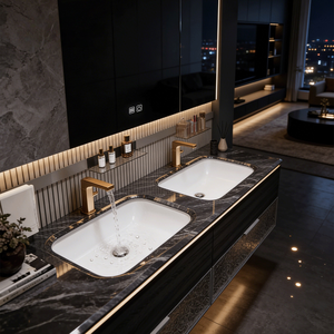 Meuble-lavabo de salle de bain en bois massif de luxe léger avec vasque intégrée et miroir intelligent à LED pour appartement - Product Image 2