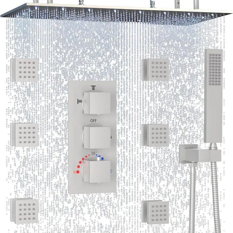 Luxury Super Large LED Rain Shower System 15.7*31.5 Inches Three Functions Thermostatic Shower Set