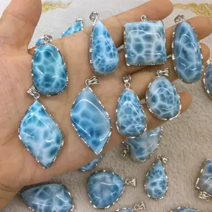 도매 100% 천연 larimar 925 스털링 은색 larimar 펜던트 카보 숑 보석 보석