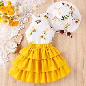 Conjunto de Tres Piezas de Verano <span class=keywords><strong>para</strong></span> Niñas, Estilo Casual, Top sin Mangas con Estampado Floral, Falda Tipo Pastel - Product Image 4