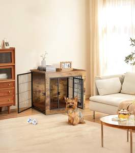 Caja rústica de madera marrón para perros, resistente, doble puerta, muebles, mesa auxiliar, cojín, pies ajustables, casa para perros pequeños - Product Image 2