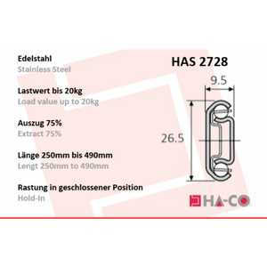 HA-CO Guide Telescopiche in Acciaio Inossidabile HAS2728 (Estensione Parziale) - Product Image 2