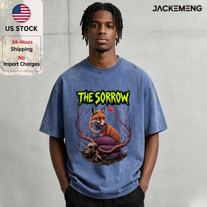 Camiseta Oversize <span class=keywords><strong>de</strong></span> Algodón Lavado con Estampado <span class=keywords><strong>de</strong></span> Calavera <span class=keywords><strong>de</strong></span> Zorro <span class=keywords><strong>de</strong></span> Terror y Luna Roja, Estilo Retro Urbano, Informal Diaria, Almacén <span class=keywords><strong>de</strong></span> EE. UU. - Product Image 1