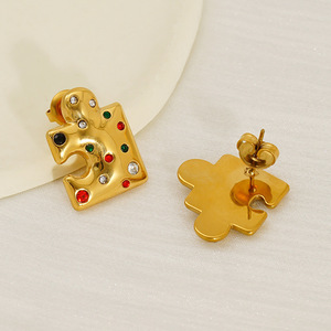 ZOGXIN Gold Plated Stainless Steel Jigsaw Puzzle <b>Stud</b> Earrings With Colored Stones For Women Party Jewelry - Product Image 4