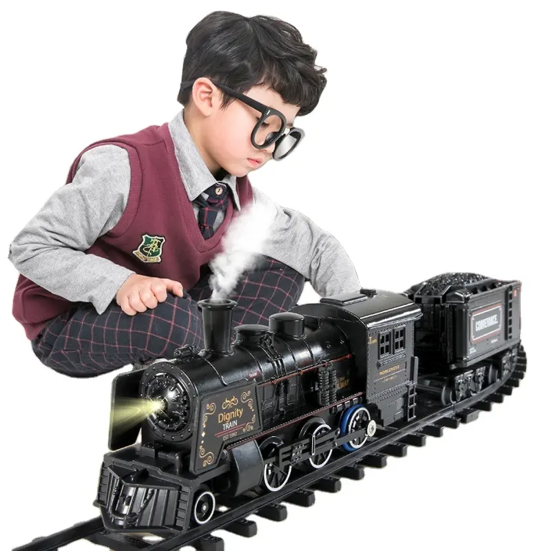 פרימיום ילדים גירוי סגסוגת מסלול רכבת צעצוע סט חשמלי קיטור רכבת רכבת קלאסי עשן מסלול רכבת צעצוע מתנת סט