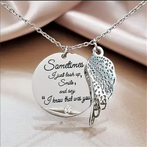 Fashion Personality Angel Wings Round Diamond Letters Pendant Necklace Women Jewelry Wholesale