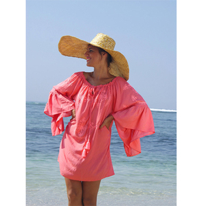 Robe Courte Chic Bohème Femme, Coupe Trapèze, Manches Cloche, Broderie Ethnique, Organza, Dentelle, Pompons, Col à Nouer, Sans Bretelles, Plage, Sexy - Product Image 1