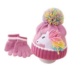 Unicorn <strong>and</strong> Multi-Pompom Knitted <strong>Hat</strong> with Long <strong>Glove</strong> <strong>Set</strong> for Baby Girls Winter Kids Jacquard Style - Product Image 1