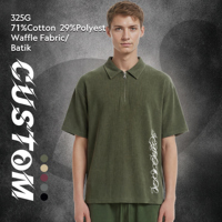 Kaos Polo Pria Grosir 325G Katun Poliester Resleting Batik Waffle Kain Polos Custom Logo Streetwear untuk Pria