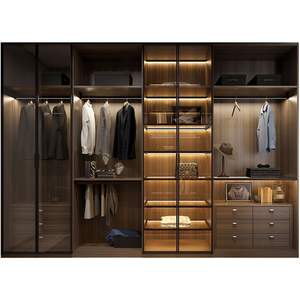 Armoire <span class=keywords><strong>de</strong></span> chambre à coucher intelligente et luxueuse sur mesure avec portes en verre et bande LED pour chambres modernes, avec étagères intégrées pour chaussures - Product Image 2