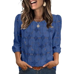 FOXA Blusa de encaje azul real para mujer, manga 3/4, estampado floral, top informal para uso diario - Product Image 1