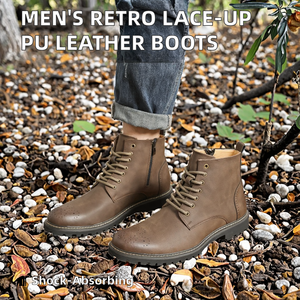 Bottes de travail en cuir PU style western, pointure 38-46, bout large, rétro, à lacets pour homme, automne/hiver - Product Image 2