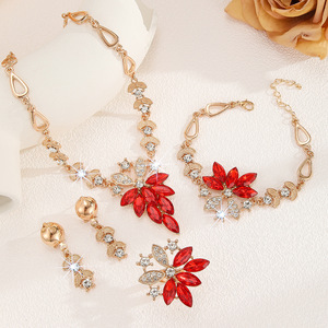 Parure de bijoux quatre pièces en diamant rouge pour femme, collier, boucles d'oreilles, bague et bracelet, idéale pour mariage, collection transfrontalière - Product Image 4