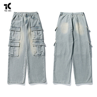 Pantalon cargo long décontracté noir tendance pour homme, coupe ample, en denim clair délavé et vieilli, style Y2K, écologique et confortable
