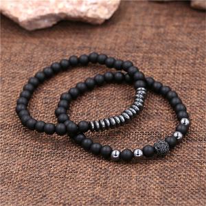 Conjunto de pulsera de cuentas de moda para hombre al por mayor pulsera larga OVNI Bola de circonita con incrustaciones de hematita mate negro - Product Image 2