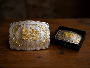 Hebilla de cinturón grande plateada de 5.0 cm, redonda y cuadrada, chapada en oro con diseño floral, accesorio de moda para hombres y mujeres - Product Image 2