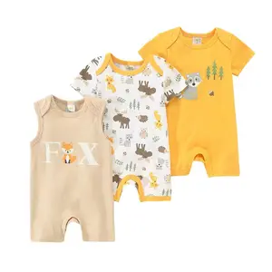 Fashion fox printed printed toddler boys clothing cotton romper short sleeve 3 pieces onesies baby clothes