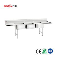 Table d'évier carrée à 3 compartiments en acier inoxydable 304 brossé, certifiée NSF, pour cuisine américaine, restaurant, préparation commerciale