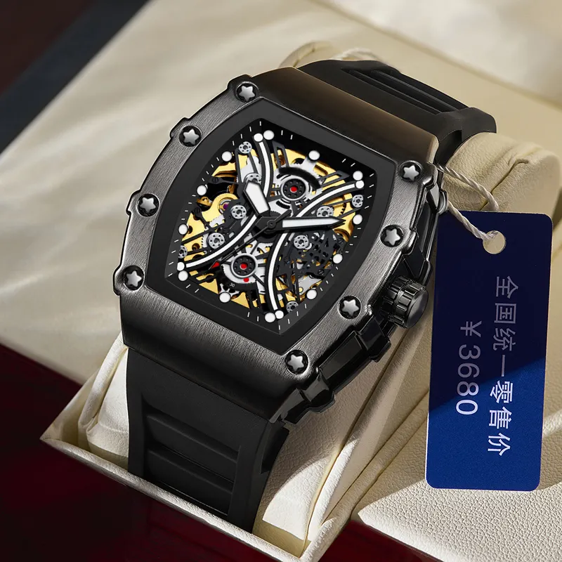 Luxury custom logo men's watches automatic skeleton silicone band wrist men mechanical watch