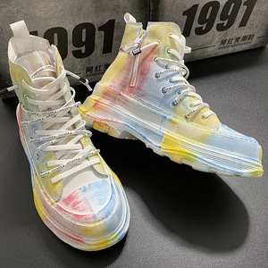 Men's New Trend High-Top Thick-Soled Microfiber Leather Ankle Boots Zipper-Up Lace-Up Heightening Casual <b>Shoes</b> - Product Image 4